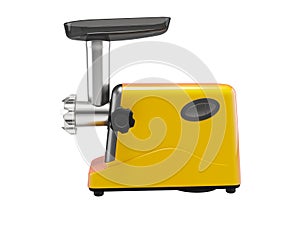 3D illustration assistant orange electric meat grinder for kitchen side view on white background no shadow