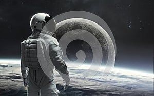 3D illustration of astronaut looks at Moon. Artemis space program. 5K realistic science fiction art. Elements of image provided by