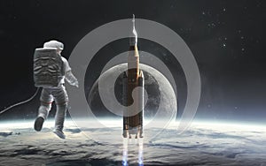 3D illustration of astronaut looks at Moon and SLS rocket start. Artemis space program. 5K realistic science fiction art. Elements