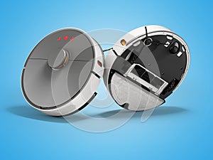 3D illustration of automatic robot vacuum cleaner with wet cleaning on blue background with shadow