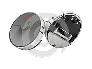 3D illustration of automatic robot vacuum cleaner with wet cleaning on white background no shadow