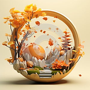3d illustration of an autumn scene with trees and pumpkins