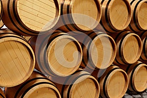 3D Illustration background wooden barrels wine. Alcoholic drink in wooden barrels, such as wine, cognac, rum, brandy.