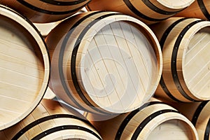 3D Illustration background wooden barrels wine. Alcoholic drink in wooden barrels, such as wine, cognac, rum, brandy.