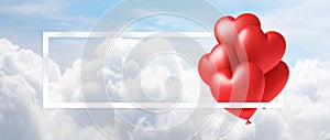 3d illustration balloons heart floating on sky with cloud.