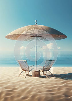 3D illustration of a bamboo sun umbrella and two sun loungers. Summer holiday concept by the ocean on white clean sand
