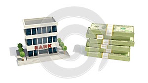 3d illustration of the bank office building and a pile of money on a white background