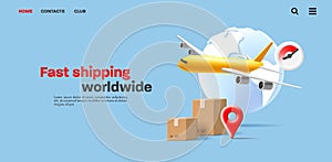 3d illustration banner with carton boxes, air plane and stopwatch with white globe, fast worldwide shipment