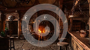 3D illustration of a bar and tables in a medieval tavern or inn, with shields hanging from wooden beams and an open fire burning