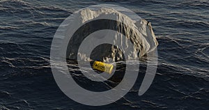 3d illustration, Barrel with radioactive nuclear waste is floating on the ocean in front of a rock rendered