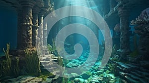 3D illustration based on the legend of the lost city of Atlantis, underwater city. Generative AI