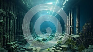 3D illustration based on the legend of the lost city of Atlantis, underwater city. Generative AI