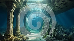 3D illustration based on the legend of the lost city of Atlantis, underwater city. Generative AI