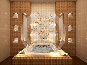 3d illustration of bath with rose petals by candlelight.