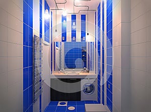 3D illustration for a bathroom in a blue color scheme. Bathroom interior design