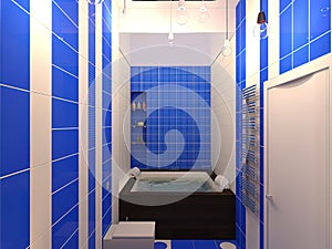 3D illustration for a bathroom in a blue color scheme. Bathroom interior design