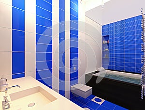 3D illustration for a bathroom in a blue color scheme. Bathroom interior design