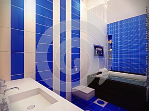 3D illustration for a bathroom in a blue color scheme. Bathroom interior design