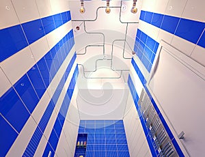 3D illustration for a bathroom in a blue color scheme. Bathroom interior design