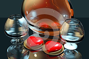 3d illustration be my valentine still life with cognac glasses bottle and two valentines red heart chocolate cupcake
