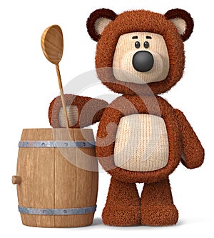 3d illustration bear with a barrel of honey