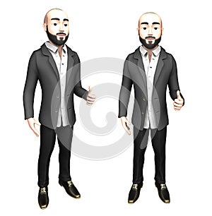 3D illustration of bearded man character in suit Showing thumbs up