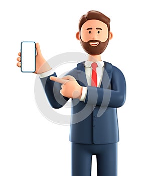 3D illustration of bearded man holding smartphone and showing blank screen. Close up portrait of cartoon smiling businessman