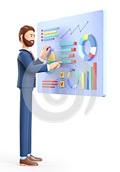 3D illustration of bearded man making a dashboard and interacting with graphs. Cute businessman character, successful investor