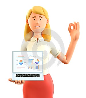 3D illustration of beautiful blonde woman with ok gesture showing business charts at screen laptop computer.