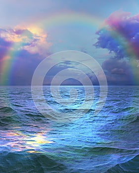 3d illustration of a beautiful seascape with clouds and a rainbow after rain bright blue color reflection of the rainbow in the