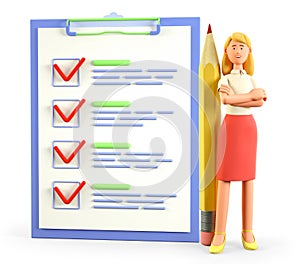 3D illustration of beautiful woman standing with huge pencil nearby a giant marked checklist on a clipboard paper, questionnaire