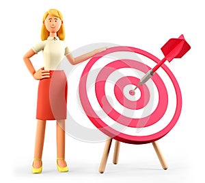 3D illustration of beautiful woman standing next to a huge target with a dart in the center, arrow in bullseye.