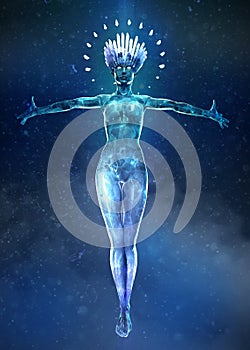 3d illustration of beautyful ice woman with glowing crystal crown and small crystals on the body Floating in the air