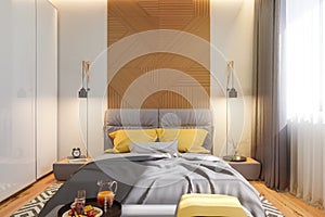 3d illustration of bedroom interior design concept in scandinavi