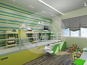 3D illustration of a bedroom for sibling in green and yellow col