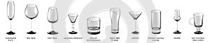 3D illustration of big collection of different glasses for alcohol drinks and cocktails isolated on white, side-top view -