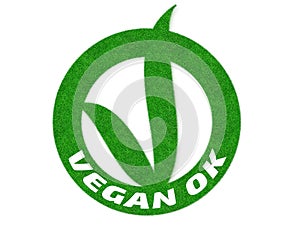 3d Illustration Big Vegan Ok logo made with green grass pattern. Concept message Ecologist Save the earth