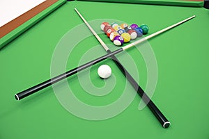 3D illustration Billiard balls in a green pool table, pool billiard game, Billiard concept