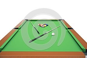 3D illustration Billiard balls on green table with billiard cue, Snooker, Pool game, Billiard concept