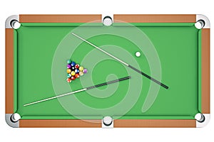 3D illustration Billiard balls on green table with billiard cue, Snooker, Pool game, Billiard concept. Top view