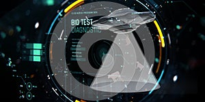 3d illustration. Bio test diagnostic. UFO steals cows