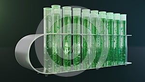 3D Illustration biofuel oil research in the laboratory, biofuel concept. Bacteria in the liquid inside the test tube as