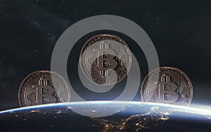 3D illustration of Bitcoin on the background of the planet Earth. Cryptocurrencies - the blockchain technology of the future.