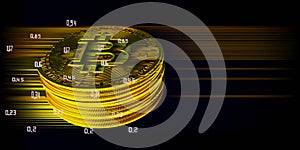 3D illustration of bitcoin coin on abstract background with blurred lines and data. Concept for business, mining and finance.
