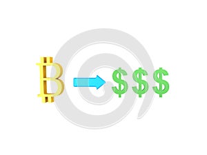 3D illustration of Bitcoins multiplying into dollars