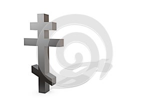 3d illustration: Black Christian Orthodox cross with a shadow in the shape of a dollar symbol  isolated on white background. The c