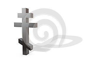 3d illustration: Black Christian Orthodox cross with a shadow in the shape of a rouble symbol  isolated on white background. The c