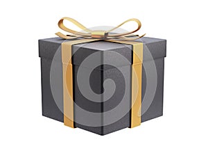 3d illustration. black gift box with gold ribbon isolated on white background