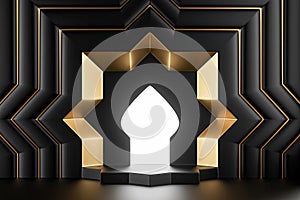 3d illustration of black and gold background with arch in islamic style