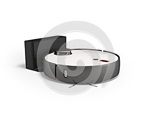 3d illustration of black robot vacuum cleaner for dry cleaning with container with charger on white background with shadow
